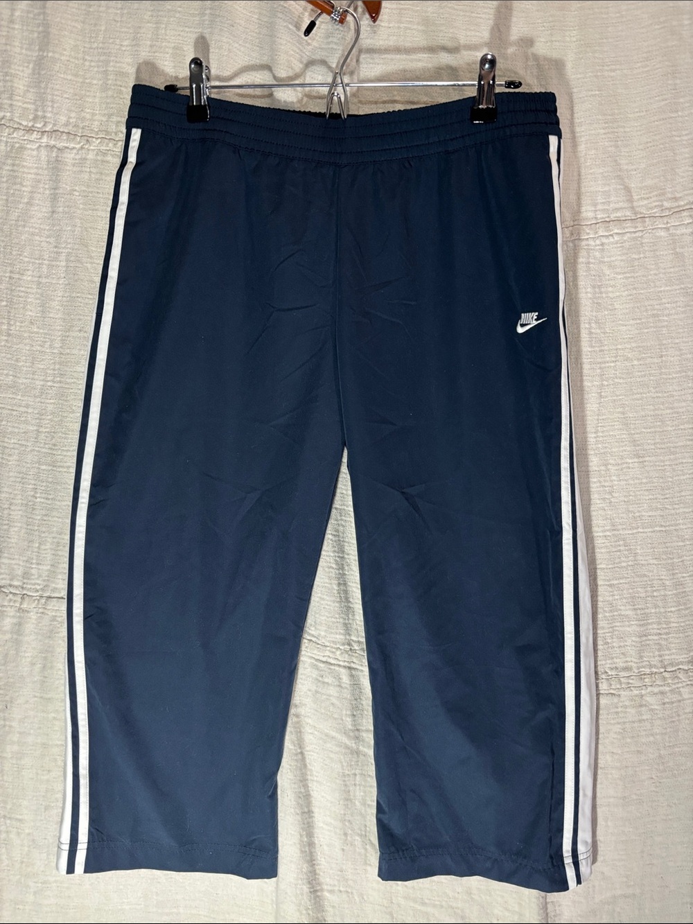 Vintage Nike Y2K Navy Blue Cropped Track Pants Striped Streetwear Medium EUC